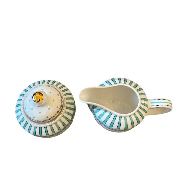 Grace Teaware Fine Porcelain Creamer & Sugar Aqua Blue & White Dots Stripes New - Picture 7 of 16